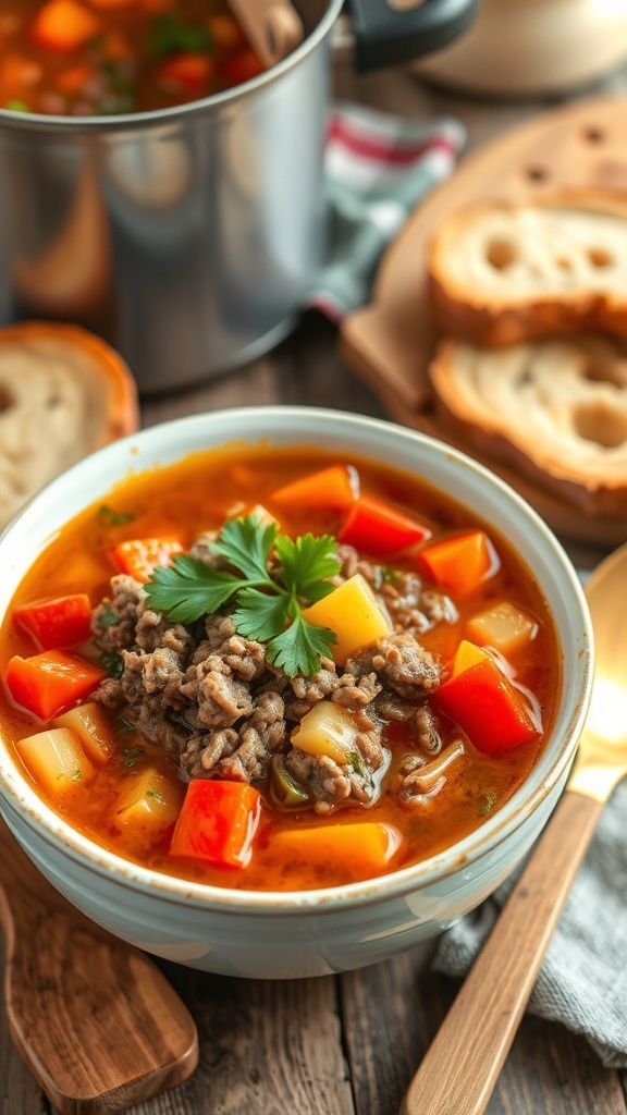A bowl of 7 can hamburger soup with vegetables and ground beef, garnished with parsley, on a kitchen table with bread.